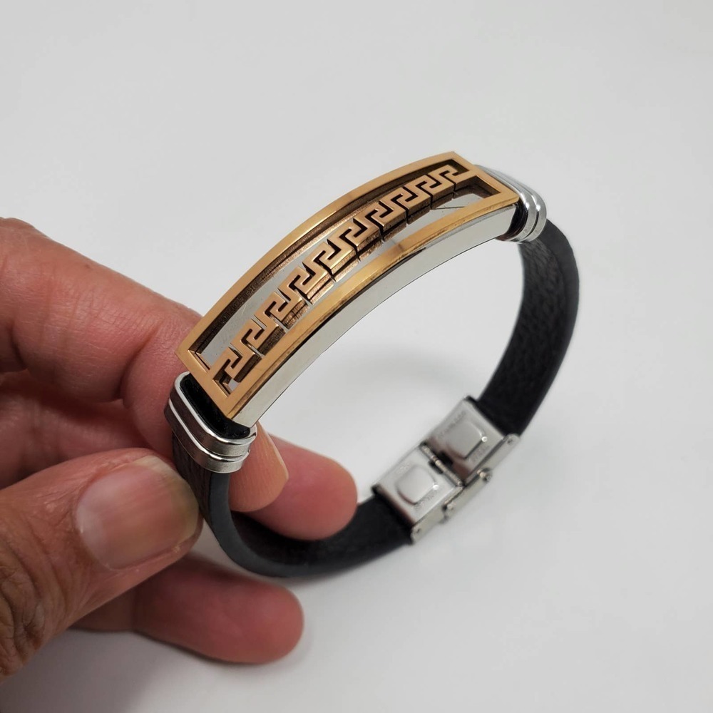 Stainless Steel Leather Cuff Silver and Gold Tone Metal Bracelet - Picture 6 of 7